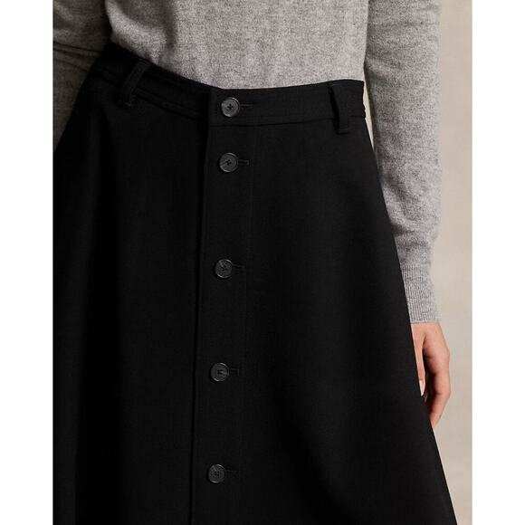 Polo Ralph Lauren Wool Crepe Buttoned Skirt Black Midi 2 A Line Flare $600 - Picture 3 of 10